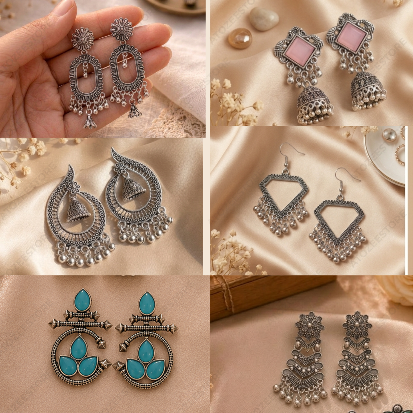 12 Pairs Korean + Oxidised Earrings Set | Tulip, Butterfly, Chandbali & More