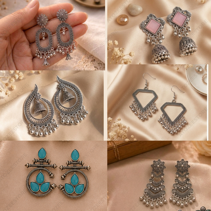 12 Pairs Korean + Oxidised Earrings Set | Tulip, Butterfly, Chandbali & More