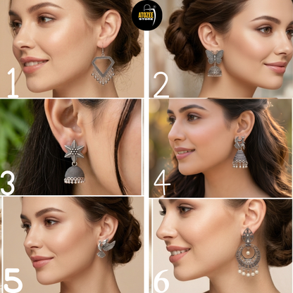 Six oxidised silver-tone earrings designs including geometric, floral and jhumka styles