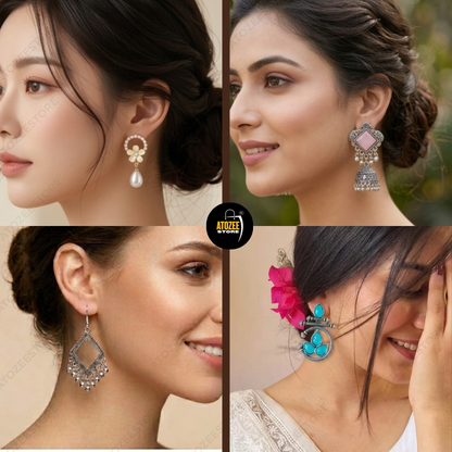 12 Pairs Korean + Oxidised Earrings Set | Tulip, Butterfly, Chandbali & More