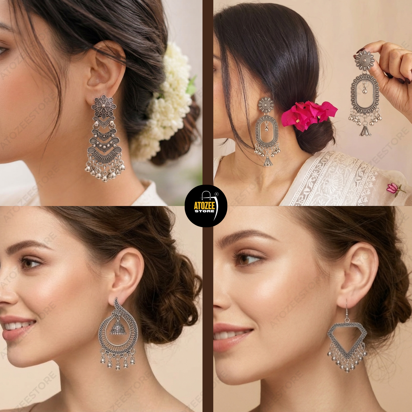 12 Pairs Korean + Oxidised Earrings Set | Tulip, Butterfly, Chandbali & More