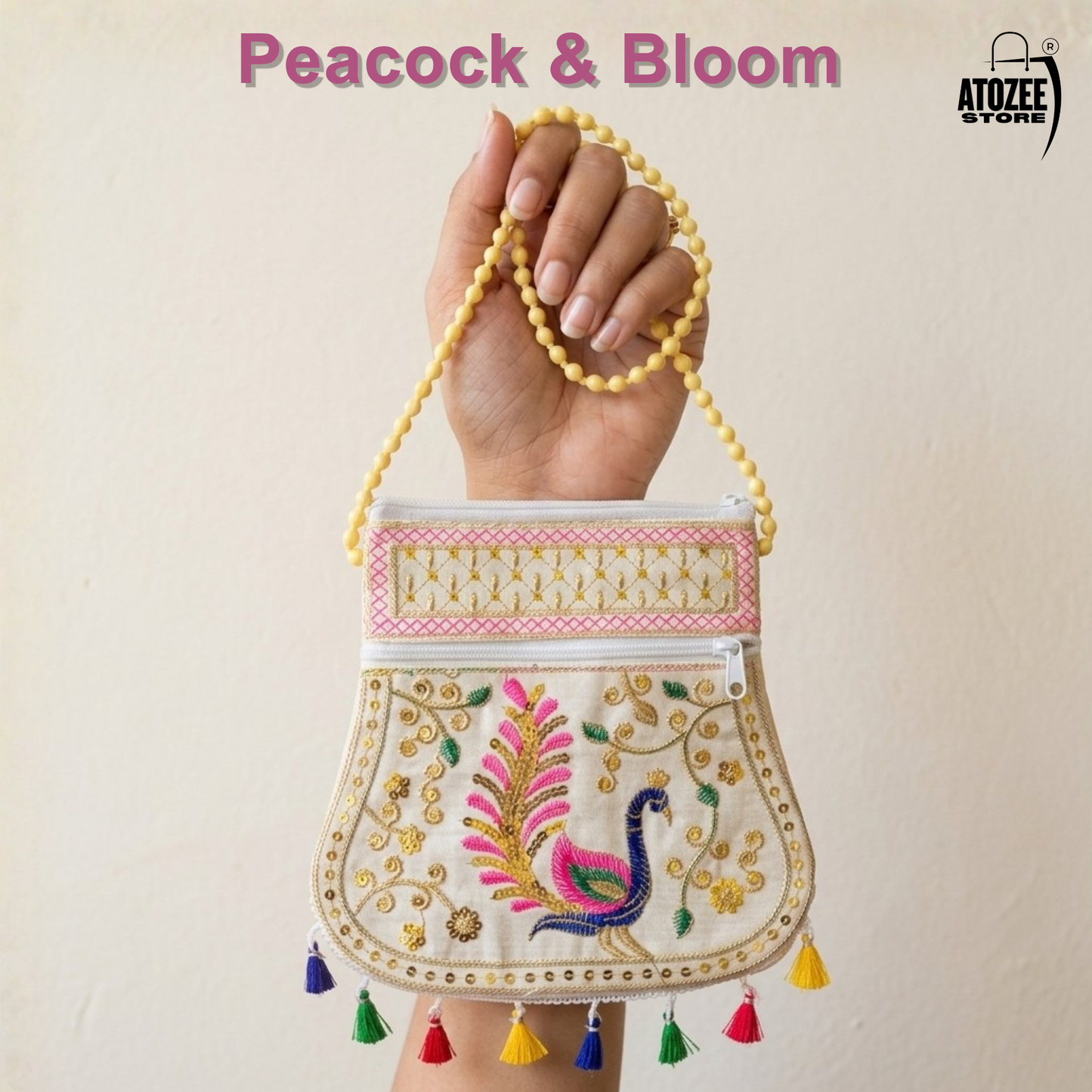 Cream Peacock Handicrafts Cotton Embroidered Sling Bag – Mirror Work & Vibrant Tassels