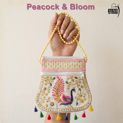 Cream Peacock Handicrafts Cotton Embroidered Sling Bag – Mirror Work & Vibrant Tassels