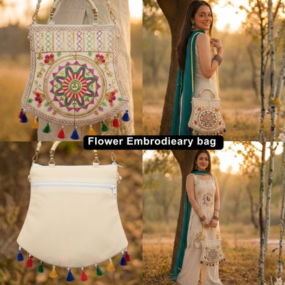 Women's Rajasthani Jaipuri Embroidered Sling Bag – Mandala Design with Colorful Tassels & Gold Handle