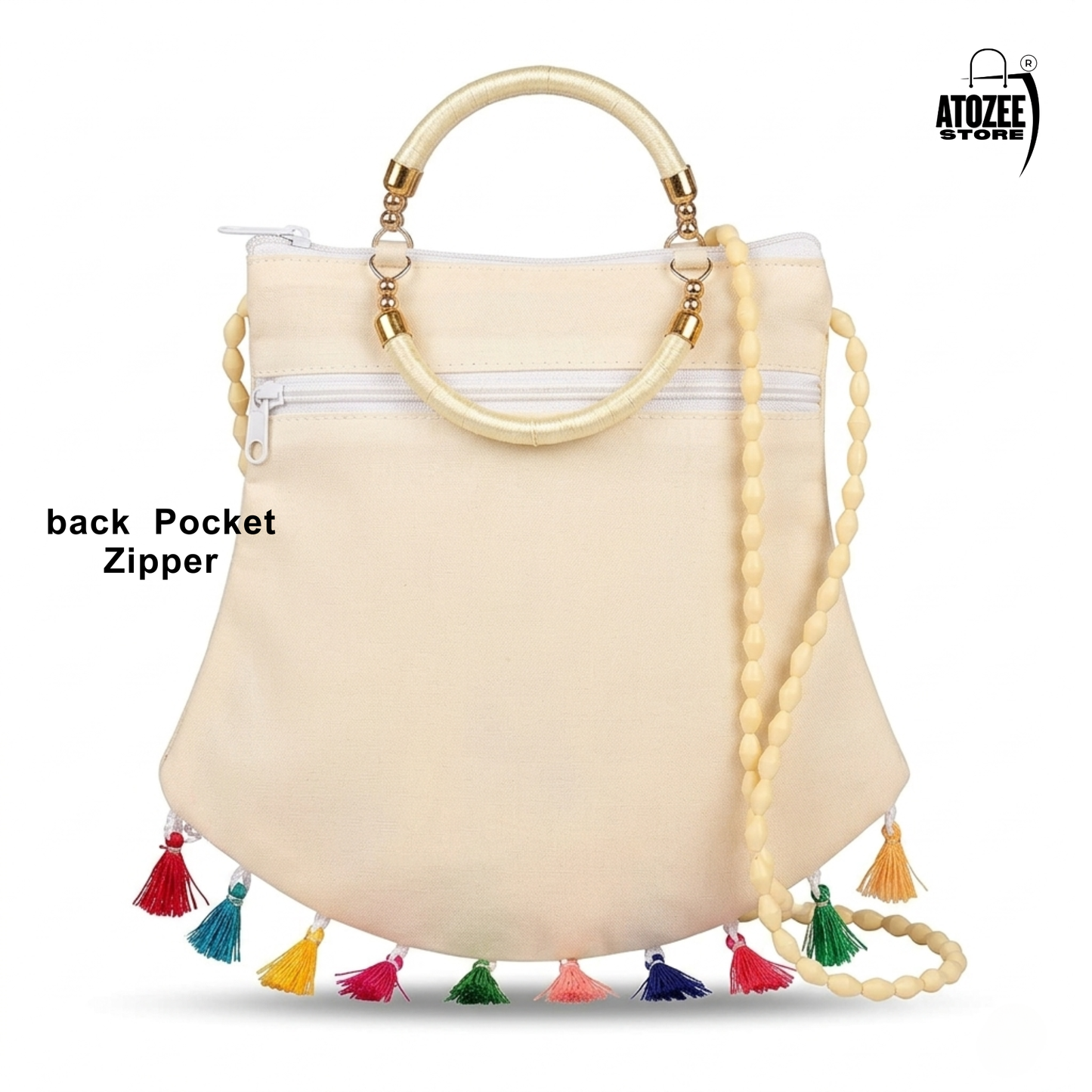 Women's Jaipuri Embroidered Sling Bag – White Colourfull Mandala Design with Colorful Tassels & Gold Handle