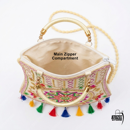 Women's Rajasthani Jaipuri Embroidered Sling Bag – Mandala Design with Colorful Tassels & Gold Handle