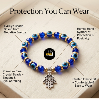 Evil Eye Bracelet Features - Hamsa Hand Charm, Blue Crystal Beads, Stretch Elastic Fit