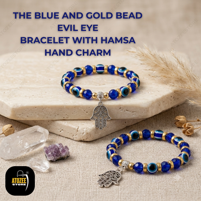 Blue and Gold Bead Evil Eye Bracelet with Hamsa Hand Charm Combo - Atozee Store