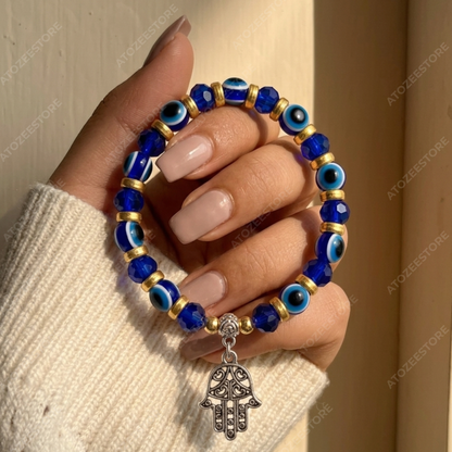 Blue and Gold Beaded Evil Eye Bracelet with Hamsa Hand Hanging Charm