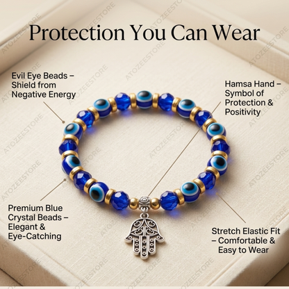 Blue and Gold Beaded Evil Eye Bracelet with Hamsa Hand Hanging Charm