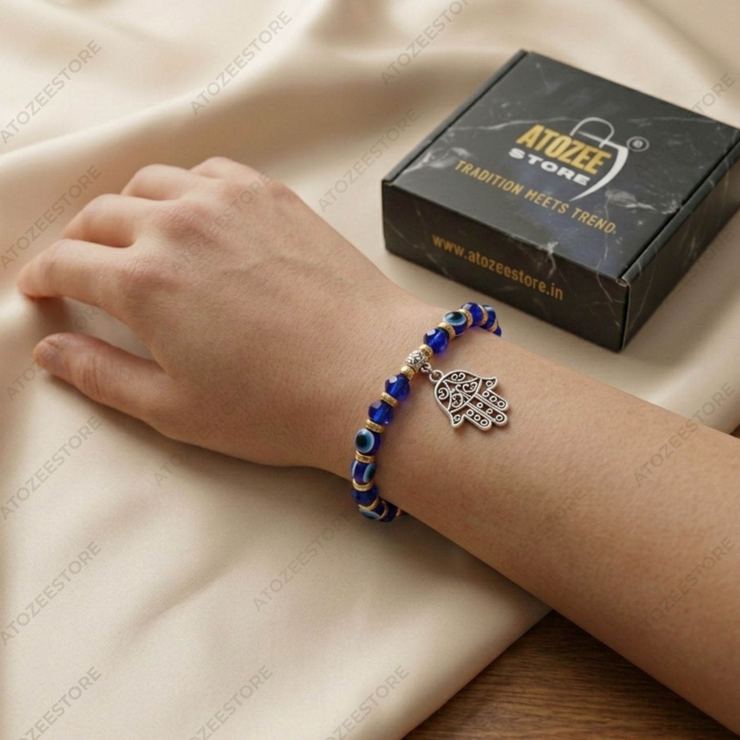 Blue and Gold Beaded Evil Eye Bracelet with Hamsa Hand Hanging Charm