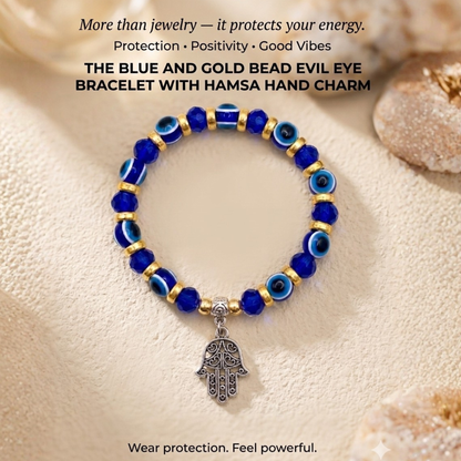 Blue and Gold Beaded Evil Eye Bracelet with Hamsa Hand Hanging Charm