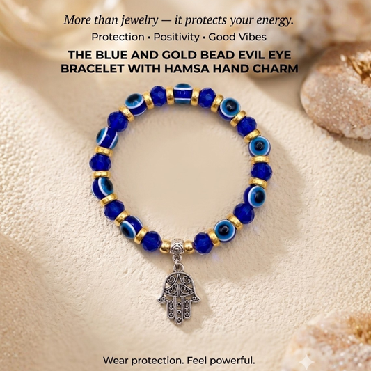 Blue and Gold Beaded Evil Eye Bracelet with Hamsa Hand Hanging Charm