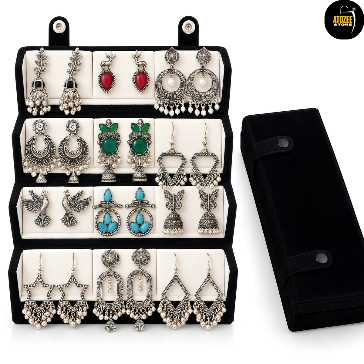 12 pairs of colourful oxidised silver-tone earrings displayed in a velvet organiser box with matching storage case