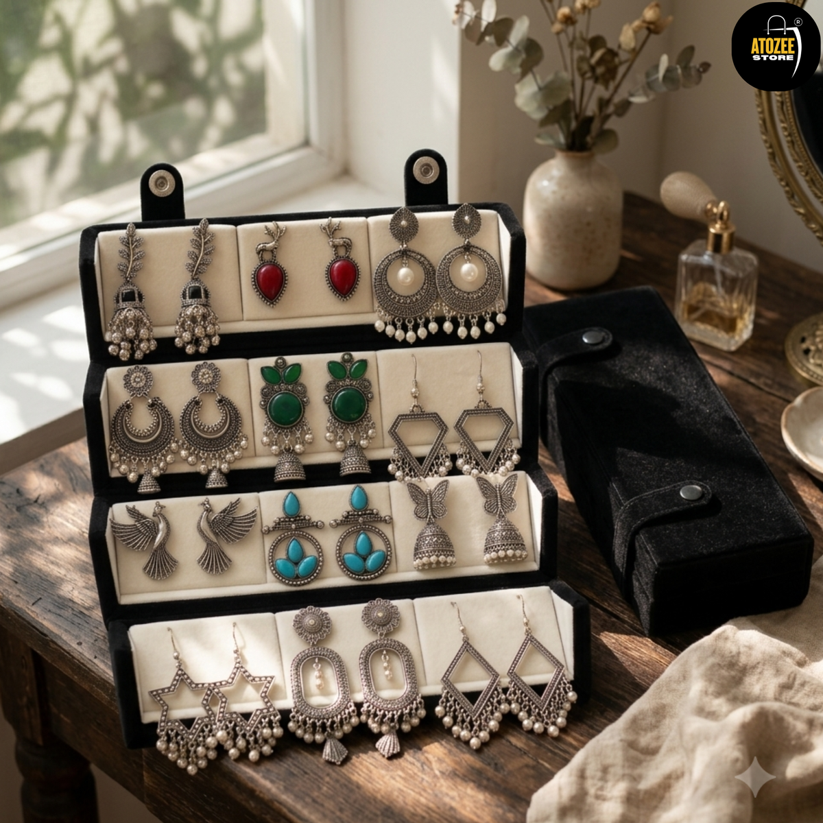 Oxidised silver-tone earrings set with velvet organiser box styled in a festive home display