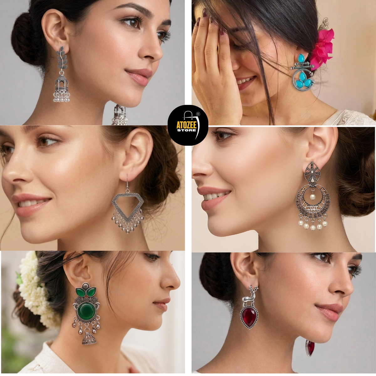 Collage of women wearing colourful oxidised silver-tone jhumka and statement earrings
