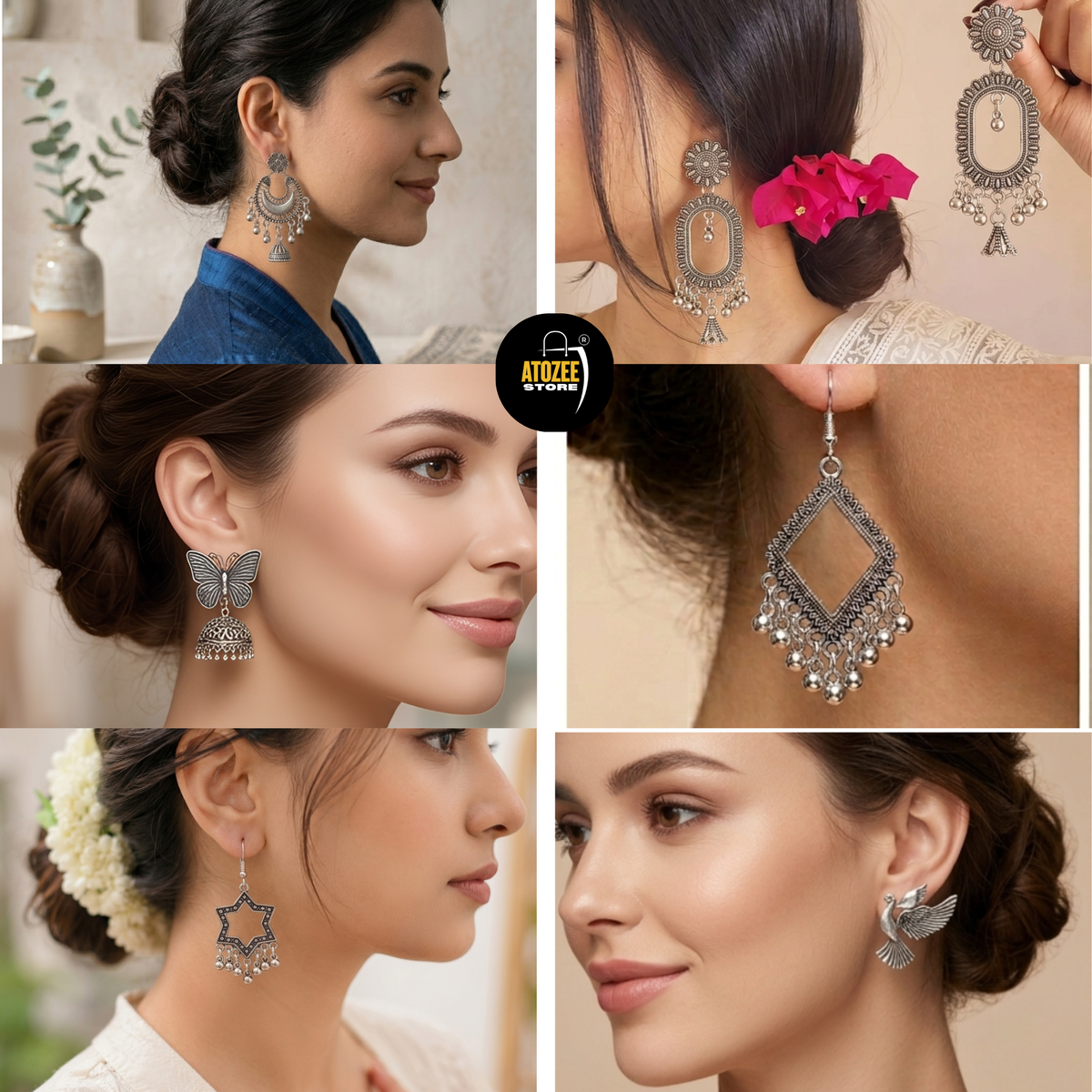 Women styling oxidised silver-tone jhumka, butterfly, geometric and statement earrings