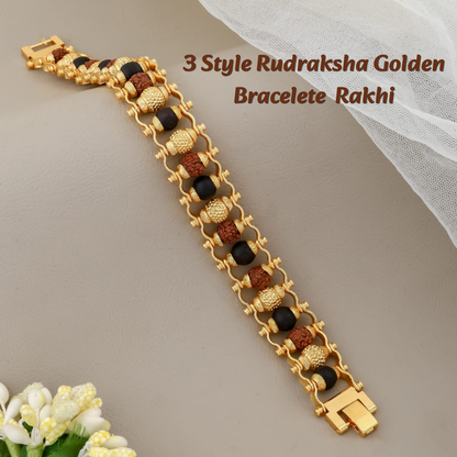 3 Spiritual Bead Combination Golden Cap Men Bracelet | Karungali, Rudraksha & Brass
