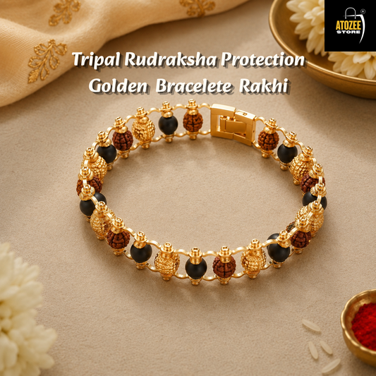 3 Spiritual Bead Combination Golden Cap Men Bracelet | Karungali, Rudraksha & Brass