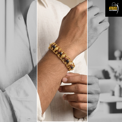 3 Spiritual Bead Combination Golden Cap Men Bracelet | Karungali, Rudraksha & Brass