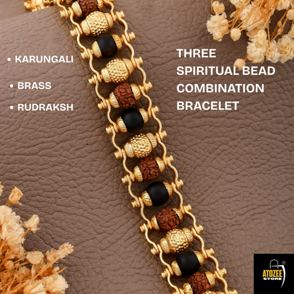 3 Spiritual Bead Combination Golden Cap Men Bracelet | Karungali, Rudraksha & Brass