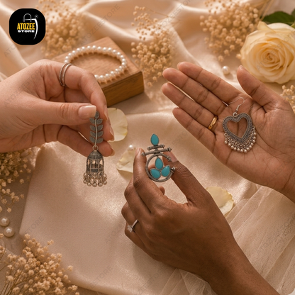 Traditional Oxidised Earrings Set of 3 – Leaf Jhumka, Heart Chandbali & Turquoise Lotus
