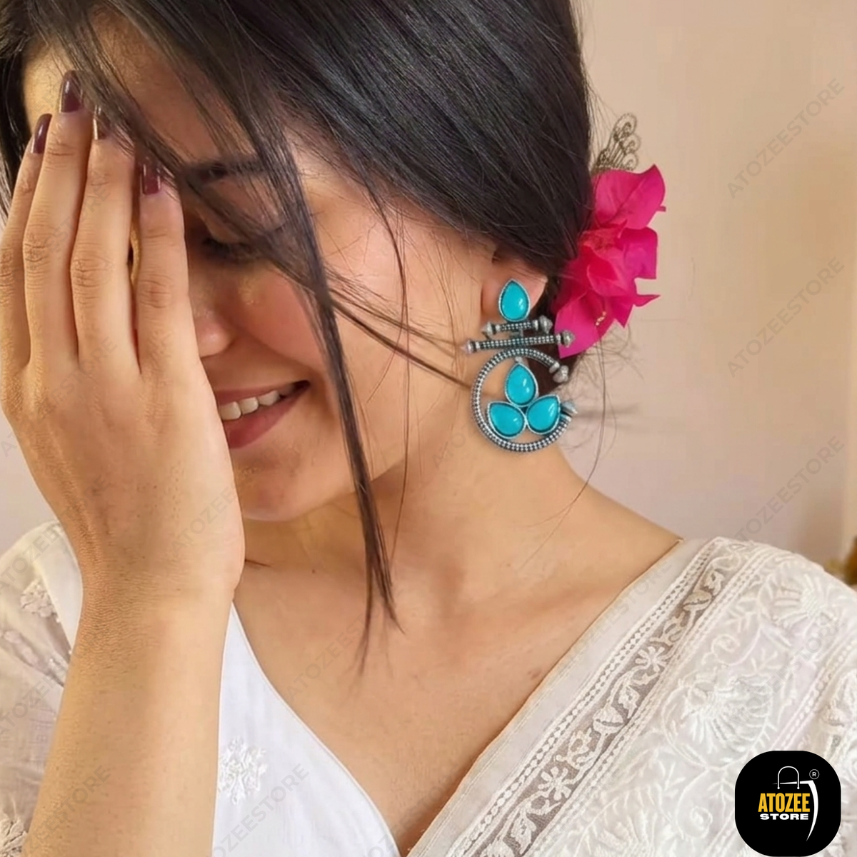 Traditional Oxidised Earrings Set of 3 – Leaf Jhumka, Heart Chandbali & Turquoise Lotus