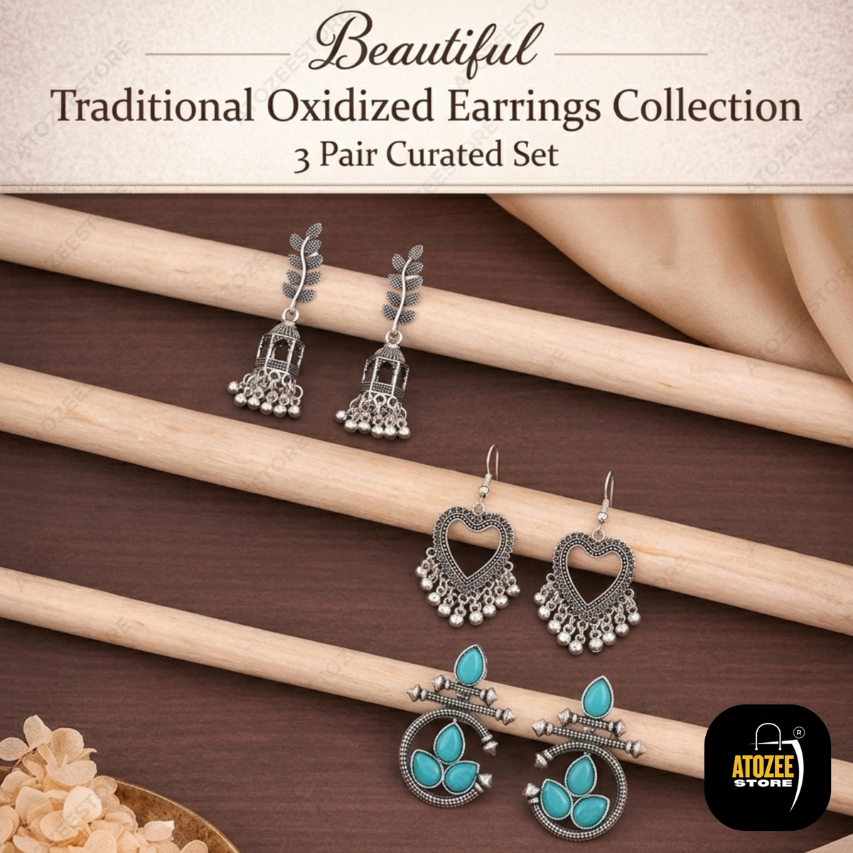 Traditional Oxidised Earrings Set of 3 – Leaf Jhumka, Heart Chandbali & Turquoise Lotus