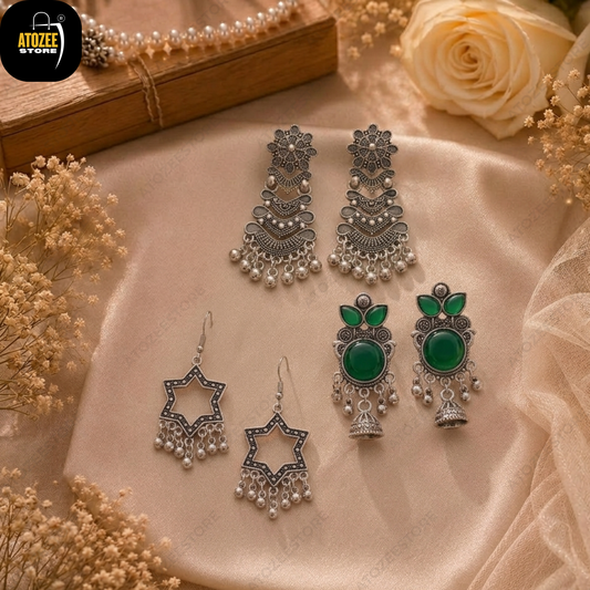 Oxidised Earrings Set of 3 – Star Ghungroo, Green Stone Jhumka & Floral Chandelier