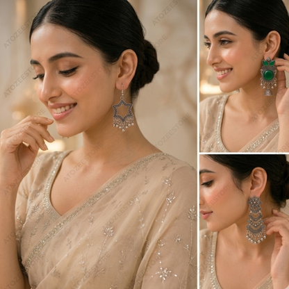 Oxidised Earrings Set of 3 – Star Ghungroo, Green Stone Jhumka & Floral Chandelier