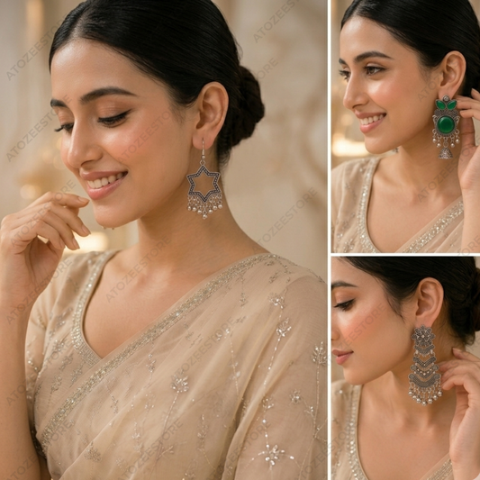 Oxidised Earrings Set of 3 – Star Ghungroo, Green Stone Jhumka & Floral Chandelier