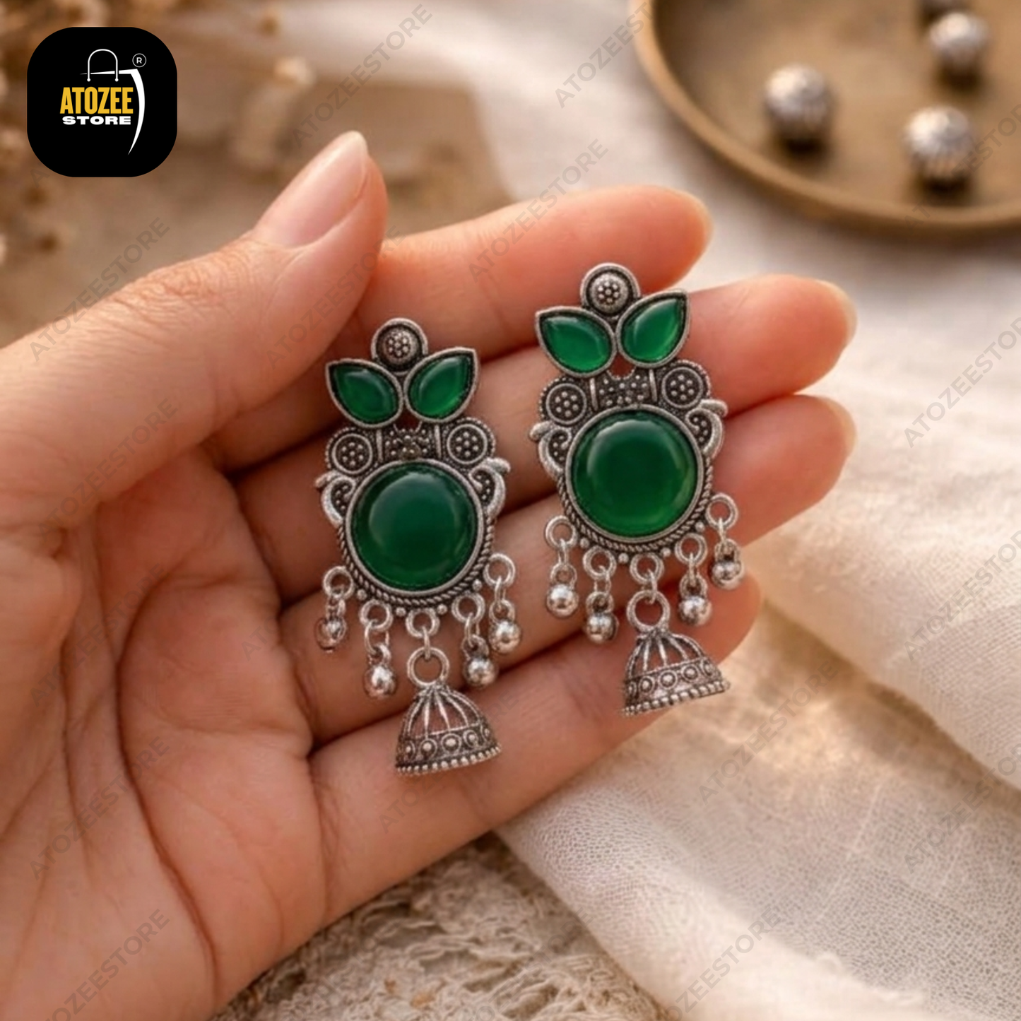 Oxidised Earrings Set of 3 – Star Ghungroo, Green Stone Jhumka & Floral Chandelier