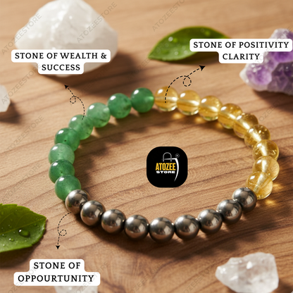 Citrine, Green Aventurine & Pyrite Stone Bracelet | Triple Crystal Money Magnet Bracelet for Men & Women