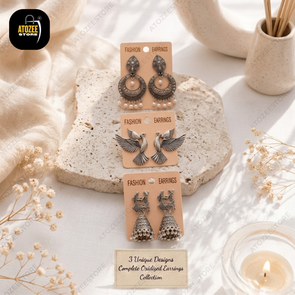 Oxidised Earrings Set of 3 – Diamond Chandbali, Flying Bird Stud & Dancing Couple Jhumka