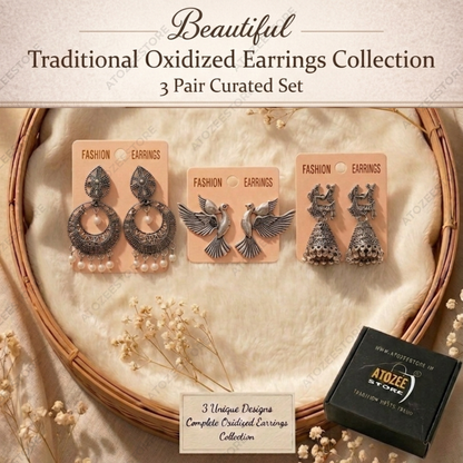 Oxidised Earrings Set of 3 – Diamond Chandbali, Flying Bird Stud & Dancing Couple Jhumka