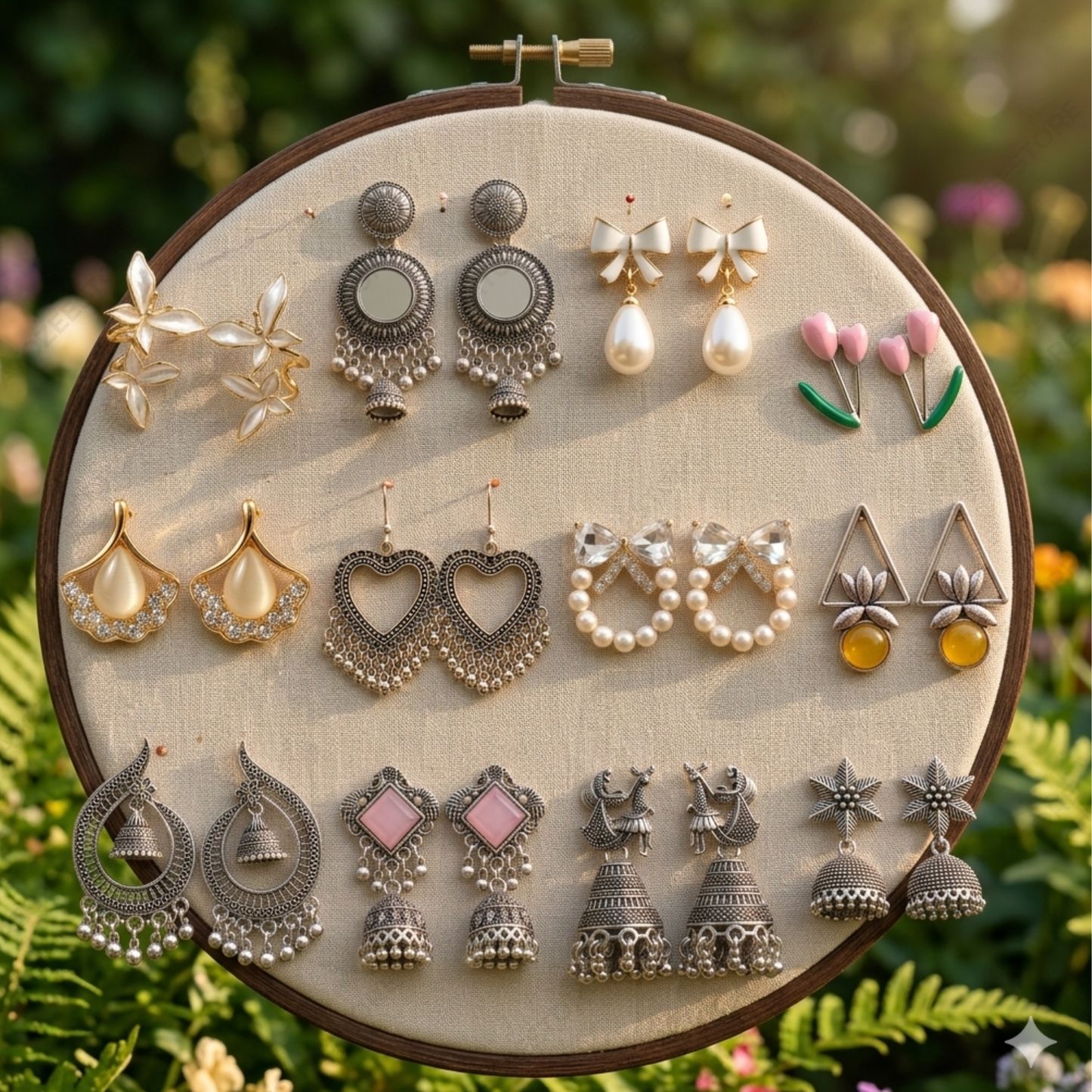 12 Pairs Korean & Oxidised Fusion Earrings Set | Jhumka, Chandbali, Bow & More