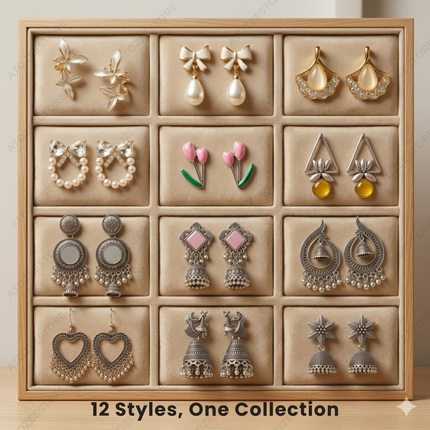 12 Pairs Korean & Oxidised Fusion Earrings Set | Jhumka, Chandbali, Bow & More