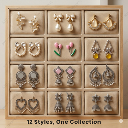 12 Pairs Korean & Oxidised Fusion Earrings Set | Jhumka, Chandbali, Bow & More