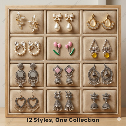 12 Pairs Korean & Oxidised Fusion Earrings Set | Jhumka, Chandbali, Bow & More