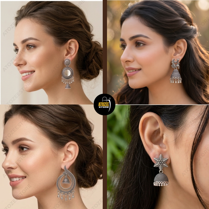 12 Pairs Korean & Oxidised Fusion Earrings Set | Jhumka, Chandbali, Bow & More