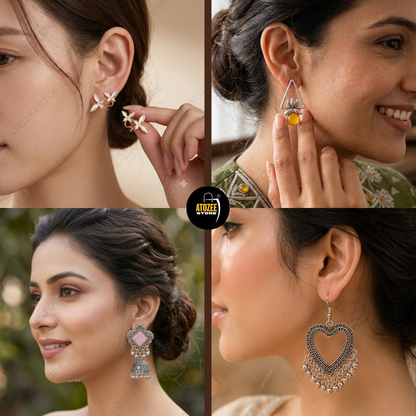 12 Pairs Korean & Oxidised Fusion Earrings Set | Jhumka, Chandbali, Bow & More