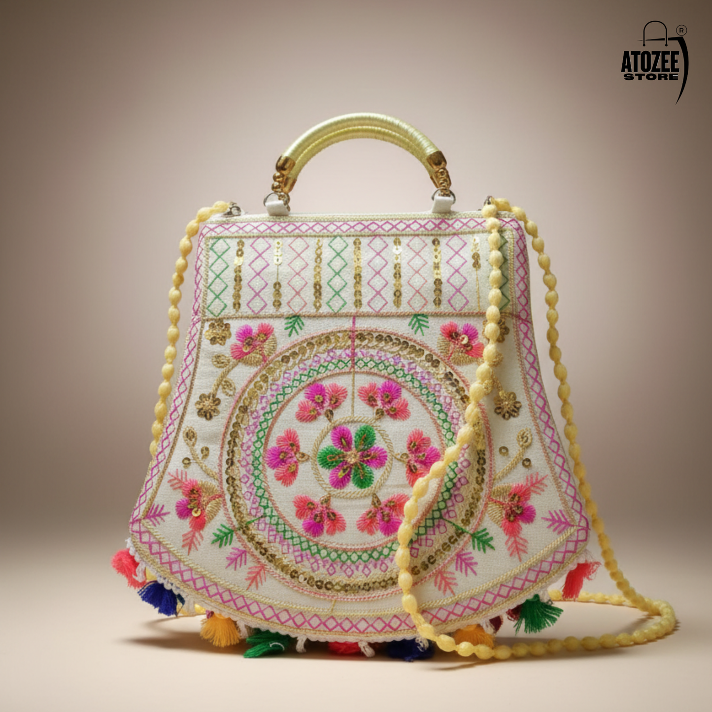 Women's Jaipuri Embroidered Sling Bag – White Colourfull Mandala Design with Colorful Tassels & Gold Handle