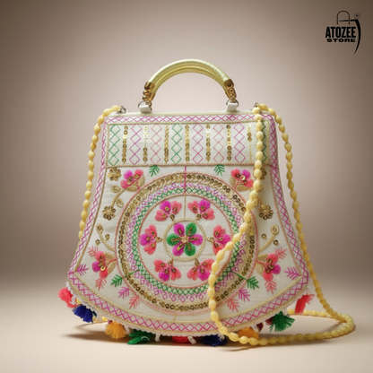 Women's Jaipuri Embroidered Sling Bag – White Colourfull Mandala Design with Colorful Tassels & Gold Handle