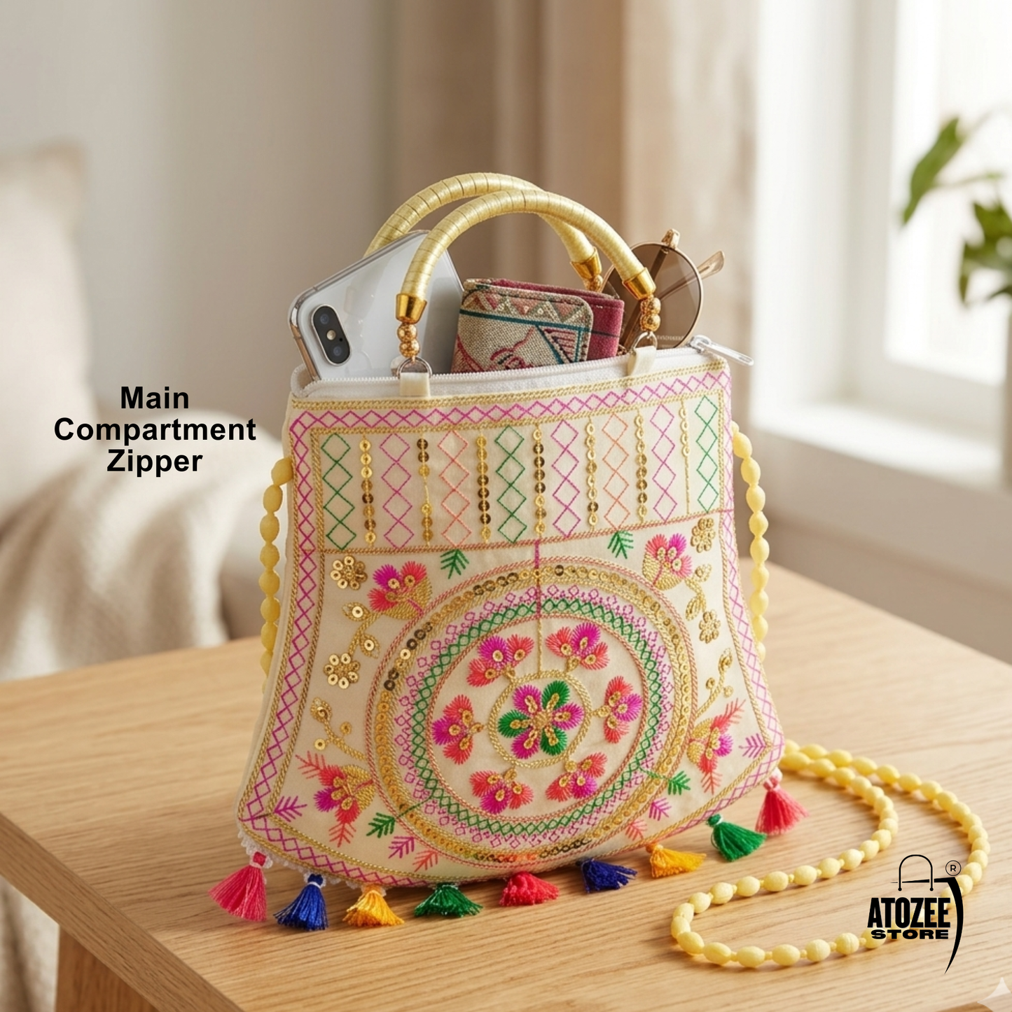 Women's Jaipuri Embroidered Sling Bag – White Colourfull Mandala Design with Colorful Tassels & Gold Handle