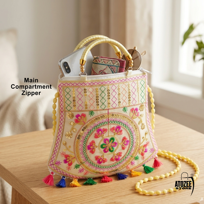 Women's Jaipuri Embroidered Sling Bag – White Colourfull Mandala Design with Colorful Tassels & Gold Handle