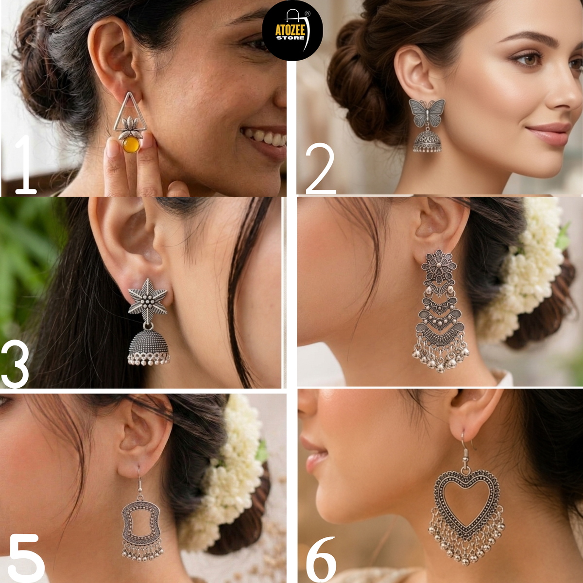 Six women wearing oxidised silver-tone jhumka, heart, butterfly and statement earrings