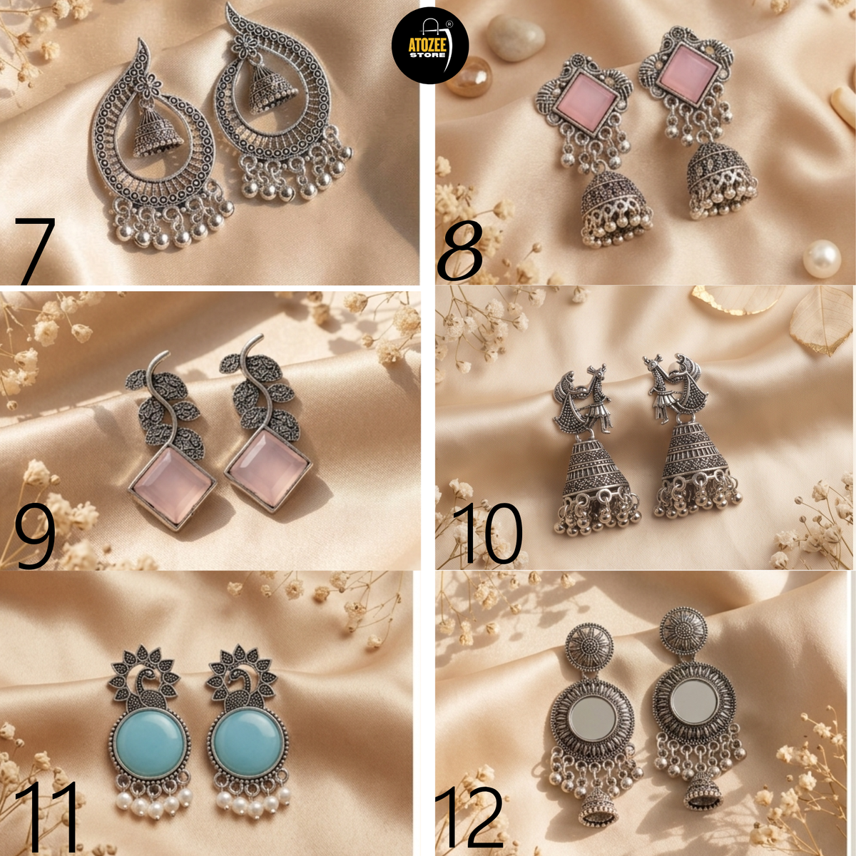 Six oxidised silver-tone earrings designs including jhumka, pink accent and turquoise statement styles