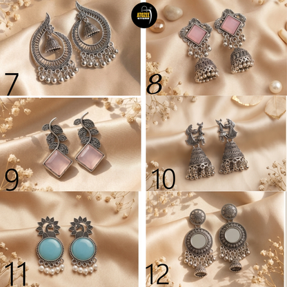 Six oxidised silver-tone earrings designs including jhumka, pink accent and turquoise statement styles