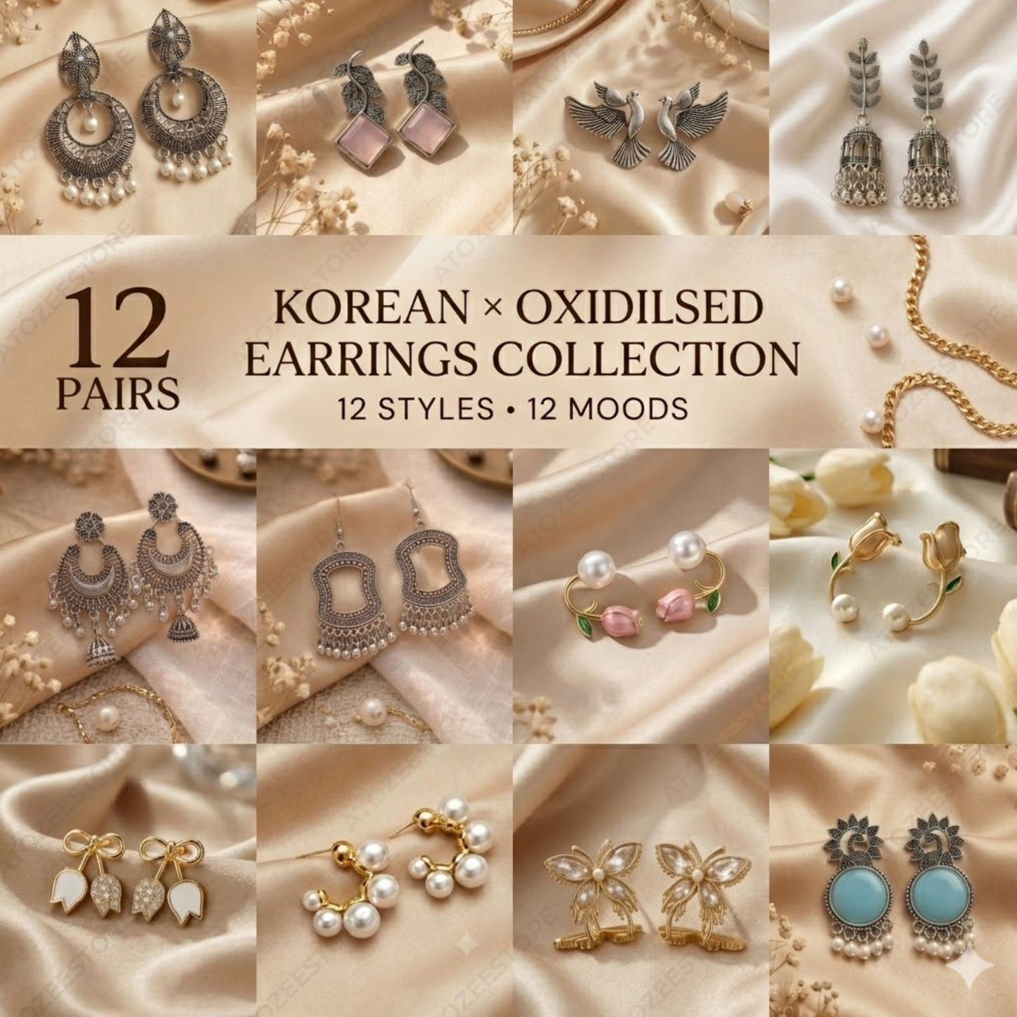 12 Pairs Korean × Oxidised Mix Earrings Collection | 12 Styles 12 Moods