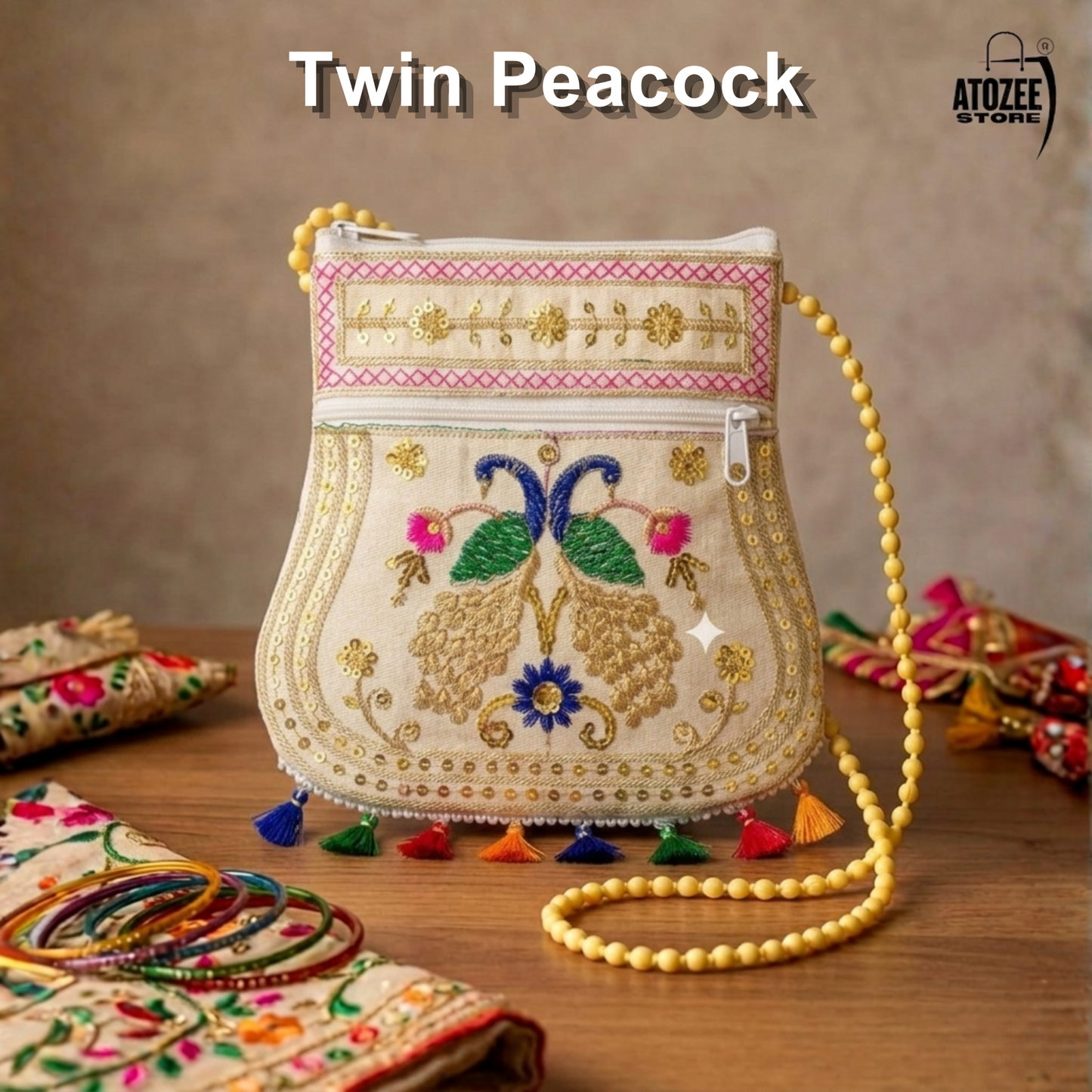 Cream Peacock Handicrafts Cotton Embroidered Sling Bag – Mirror Work & Vibrant Tassels